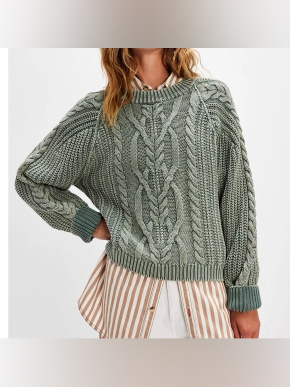 Free People Frankie Cable Knit Crewneck Sweater - Sage Green- Size Large